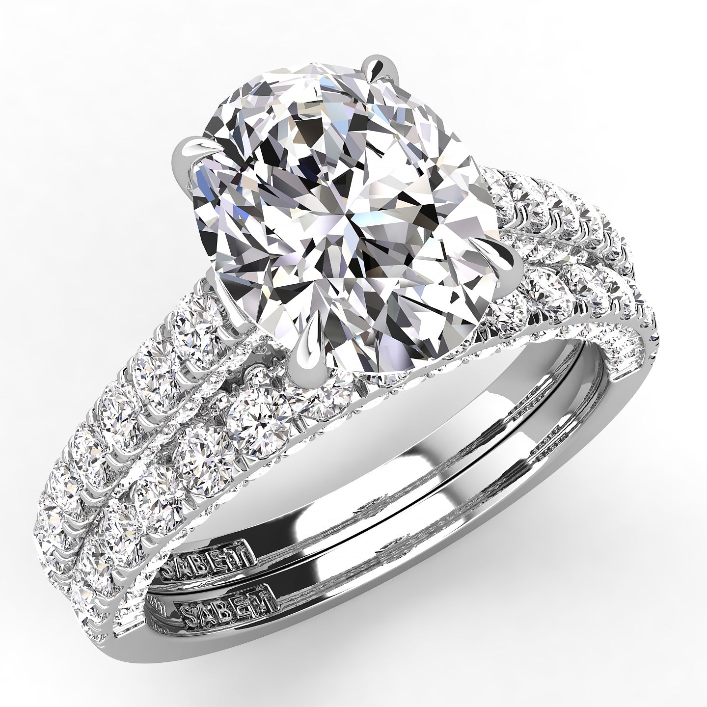 Three Sided Pave Oval Diamond Engagement Ring Set 1.33ct