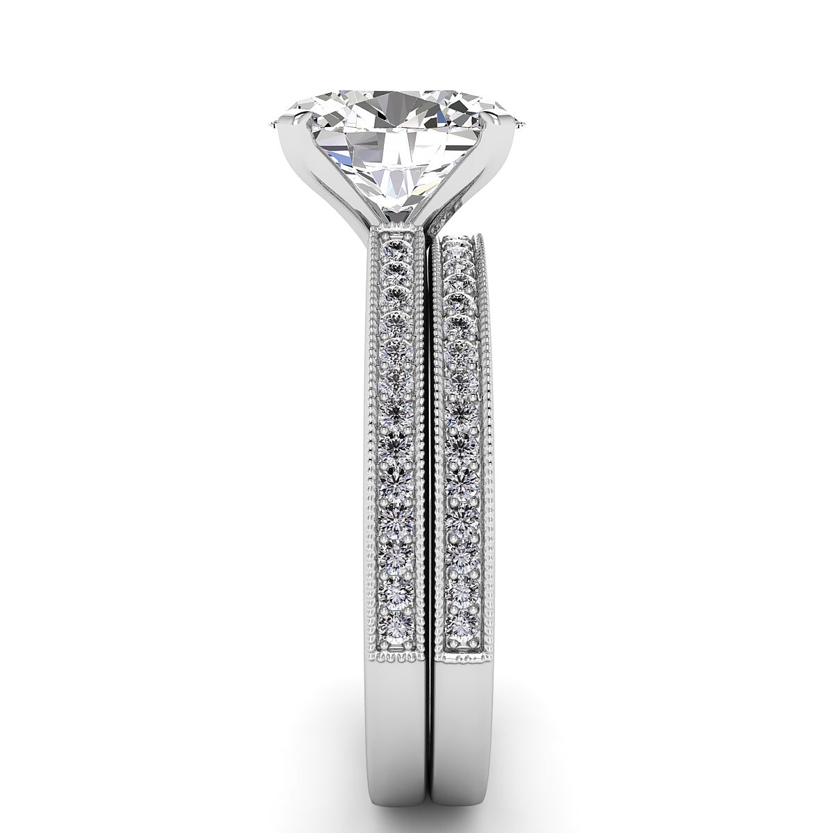 Side View of Oval Diamond Engagement Ring Set .21ct Milgrain