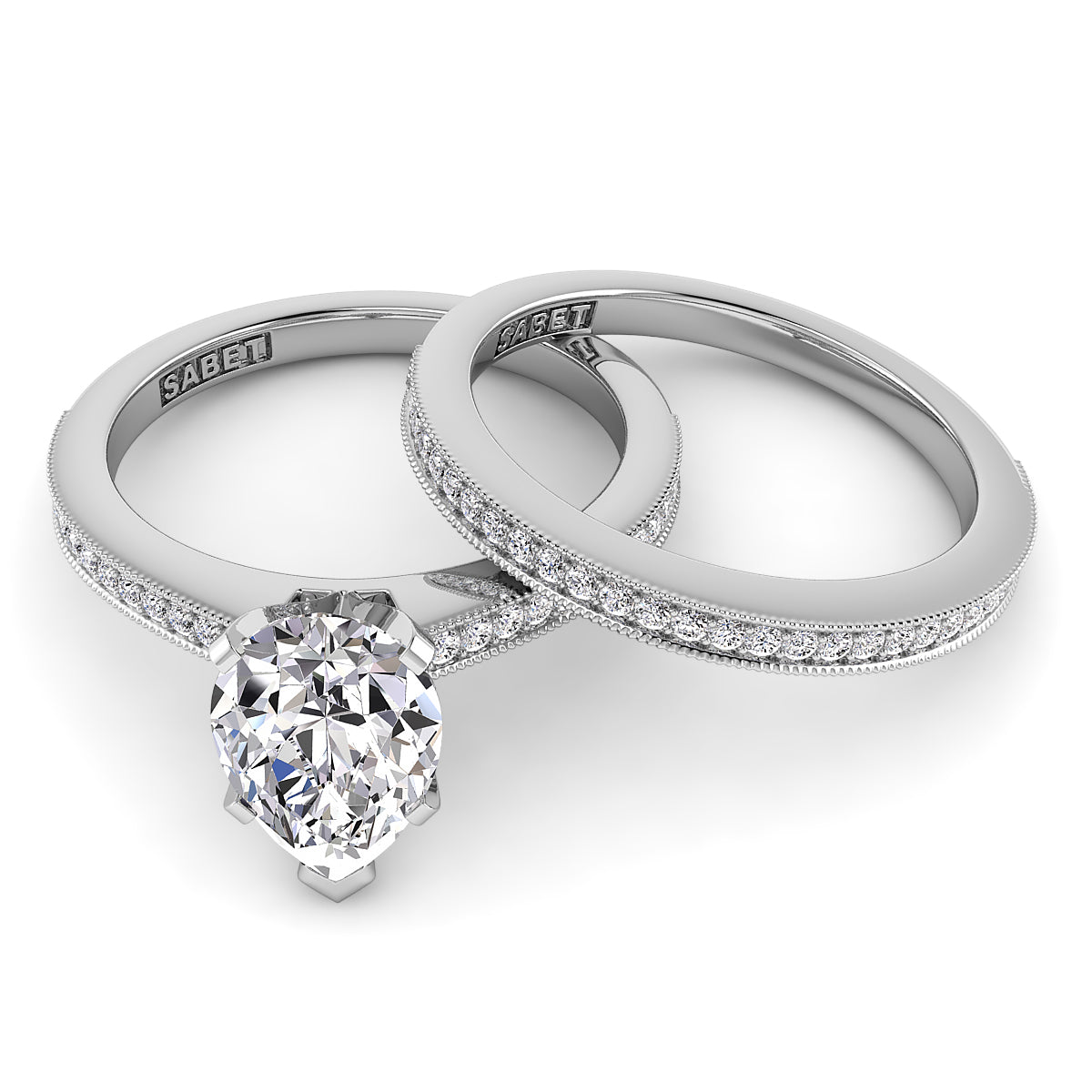 Pear Diamond Engagement Ring Set .21ct Milgrain