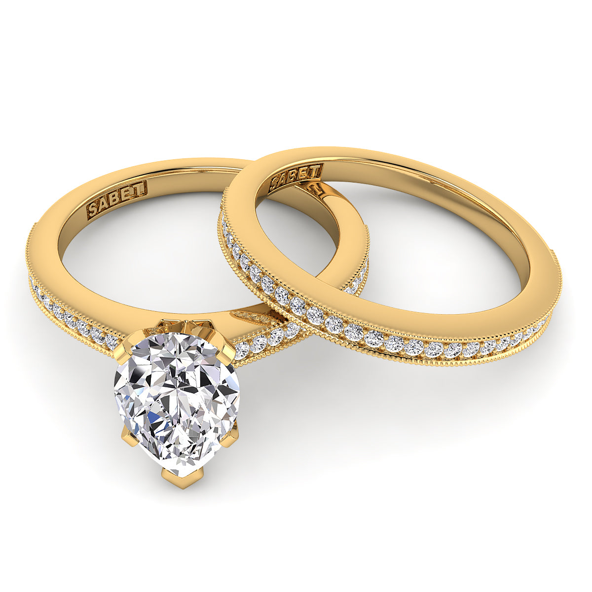 Pear Diamond Engagement Ring Set .21ct Milgrain