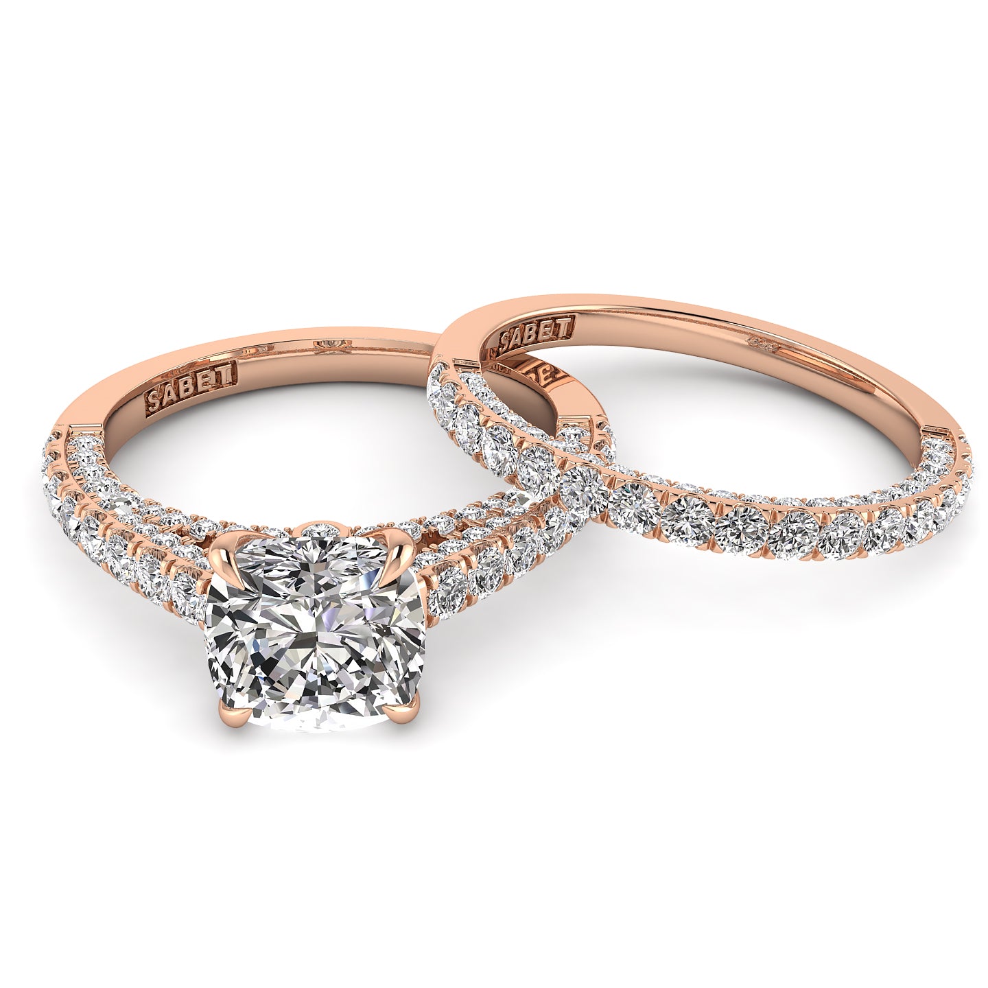 Three Sided Pave Cushion Diamond Engagement Ring Set 1.33ct