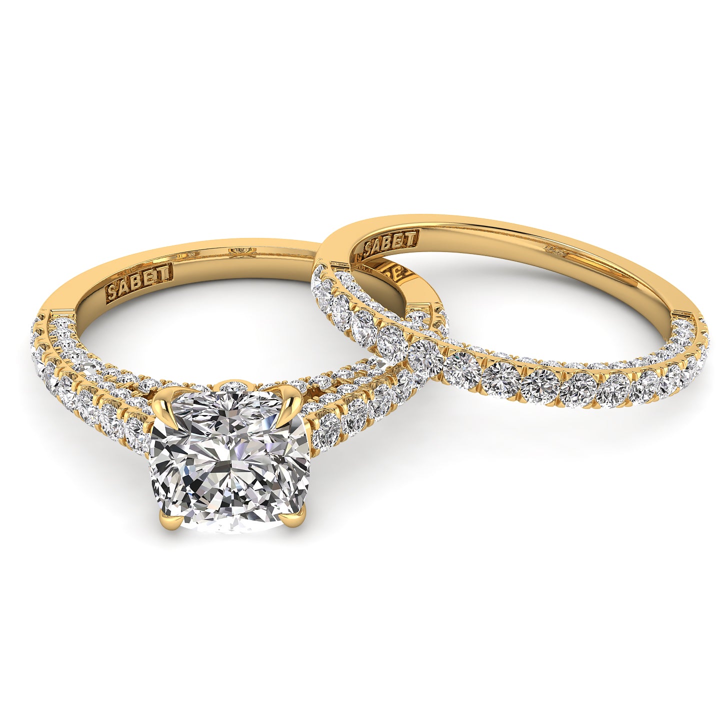 Three Sided Pave Cushion Diamond Engagement Ring Set 1.33ct