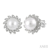1/10 ctw Sunflower 6x6MM Pearl and Round Cut Diamond Earrings in 10K White Gold