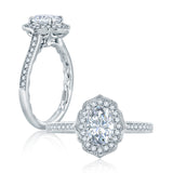 Oval Cut Diamond Engagement Ring with a Halfway Pave Band and Hidden Halo