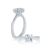 Oval Shaped Halo Round Center Diamond Engagement RIng with Pave Band and Quilted Interior
