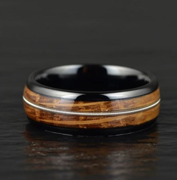 Whiskey Barrel Wood Guitar String Black Tungsten Men's Wedding Band 8MM