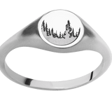 Small Circle signet ring (10mm) in 14K White Gold, with a Thin style band and a Trees engraving.