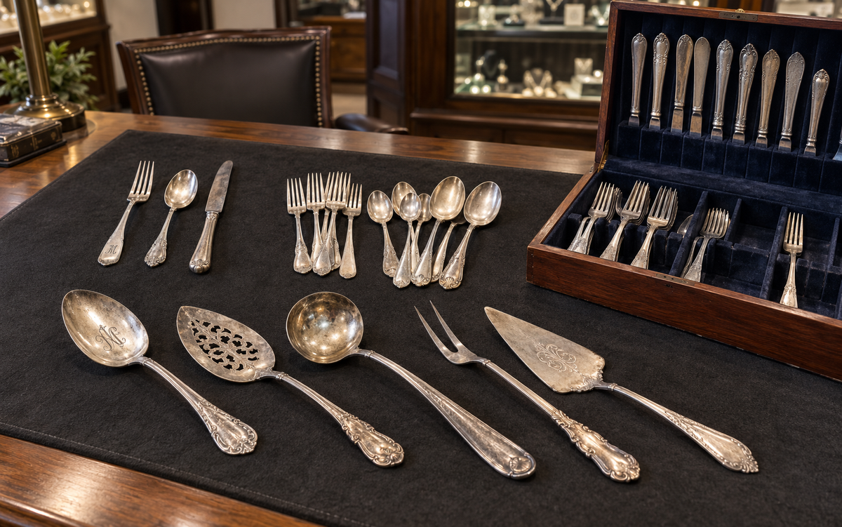 Loose sterling silver forks, spoons, knife and serving pieces beside a partial boxed set