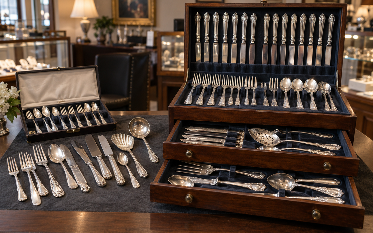 Large sterling silver flatware service in an open wooden chest with drawers, loose pieces and a smaller partial set
