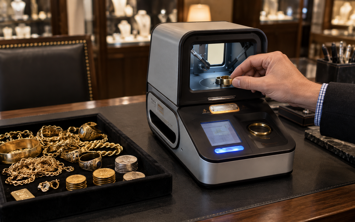 Desktop XRF precious metal analyzer testing gold beside a tray of scrap jewelry and coins