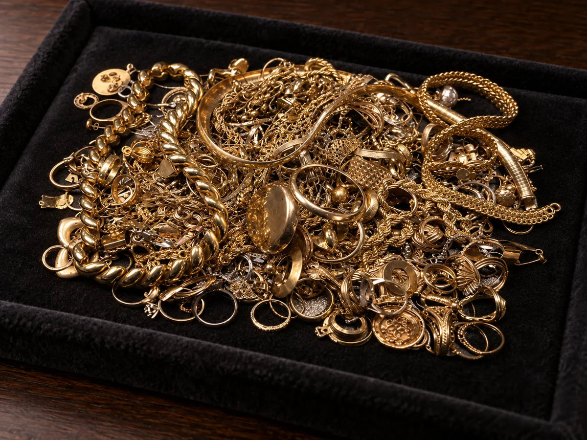 A substantial group of actual gold jewelry arranged on a black presentation tray