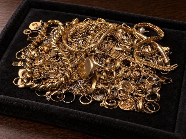 Broken and unwanted gold jewelry arranged for an in-person evaluation