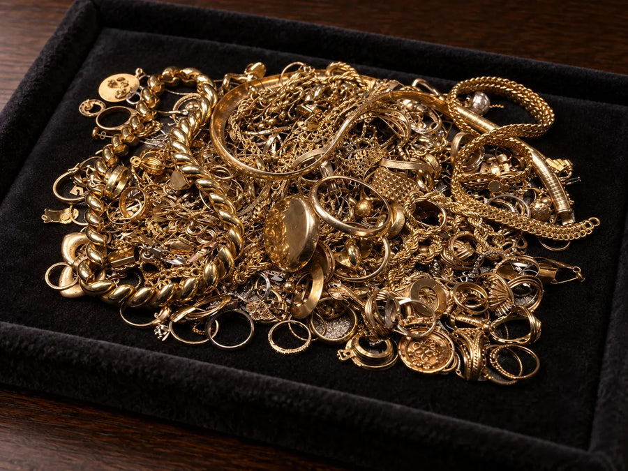 Broken and unwanted gold jewelry arranged for an in-person evaluation
