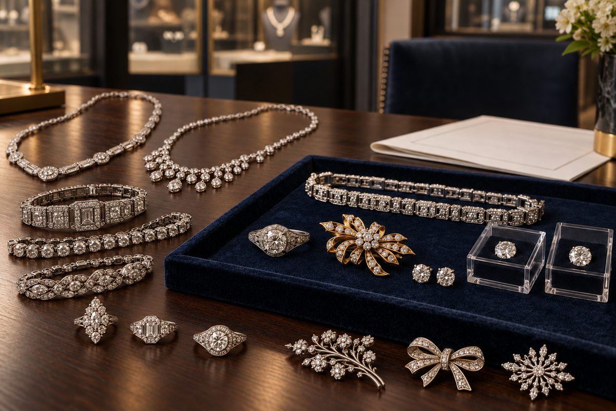Diamond necklaces, bracelets, rings and estate jewelry arranged for evaluation