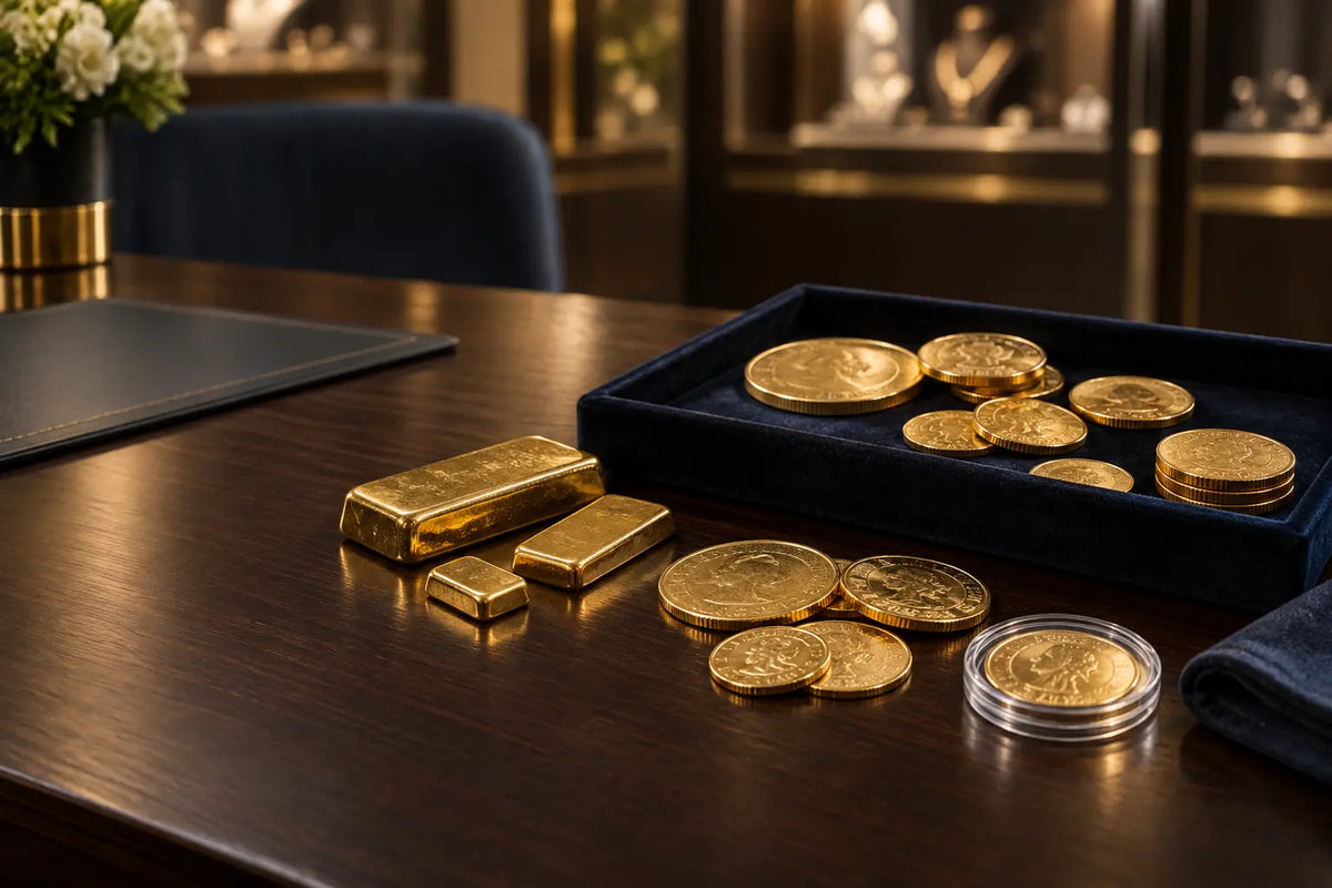 Gold coins and bullion arranged for an in-person evaluation