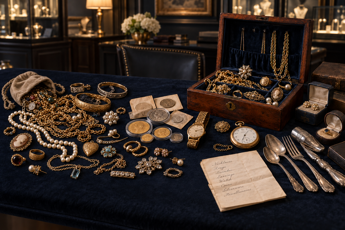 Inherited jewelry, watches, coins and family valuables gathered for review