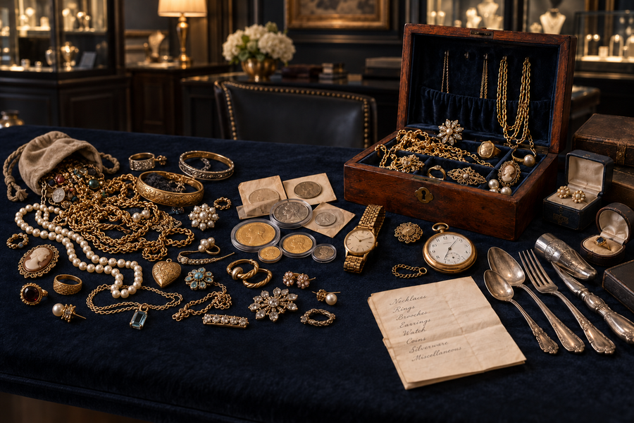 A full inherited jewelry collection with rings, watches, chains and family pieces gathered for review
