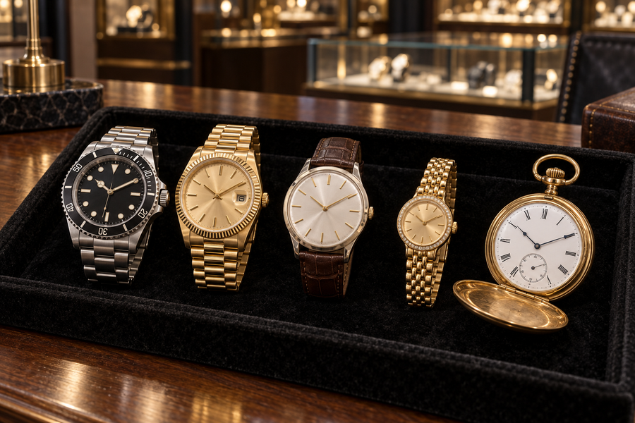 Five unbranded luxury, dress, ladies and pocket watches displayed on a black presentation tray