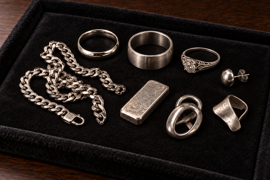 Platinum, palladium and unidentified white-metal jewelry arranged for evaluation