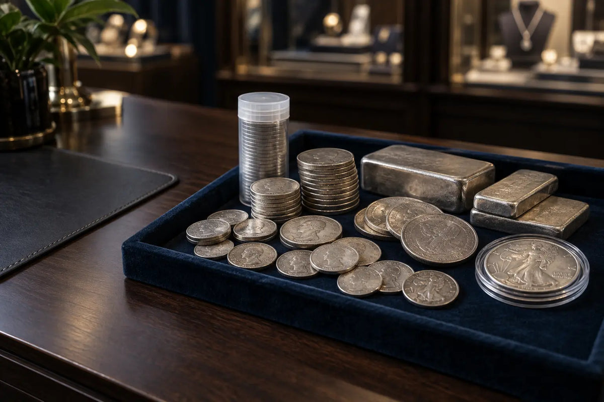Silver coins, rounds and bullion arranged for evaluation