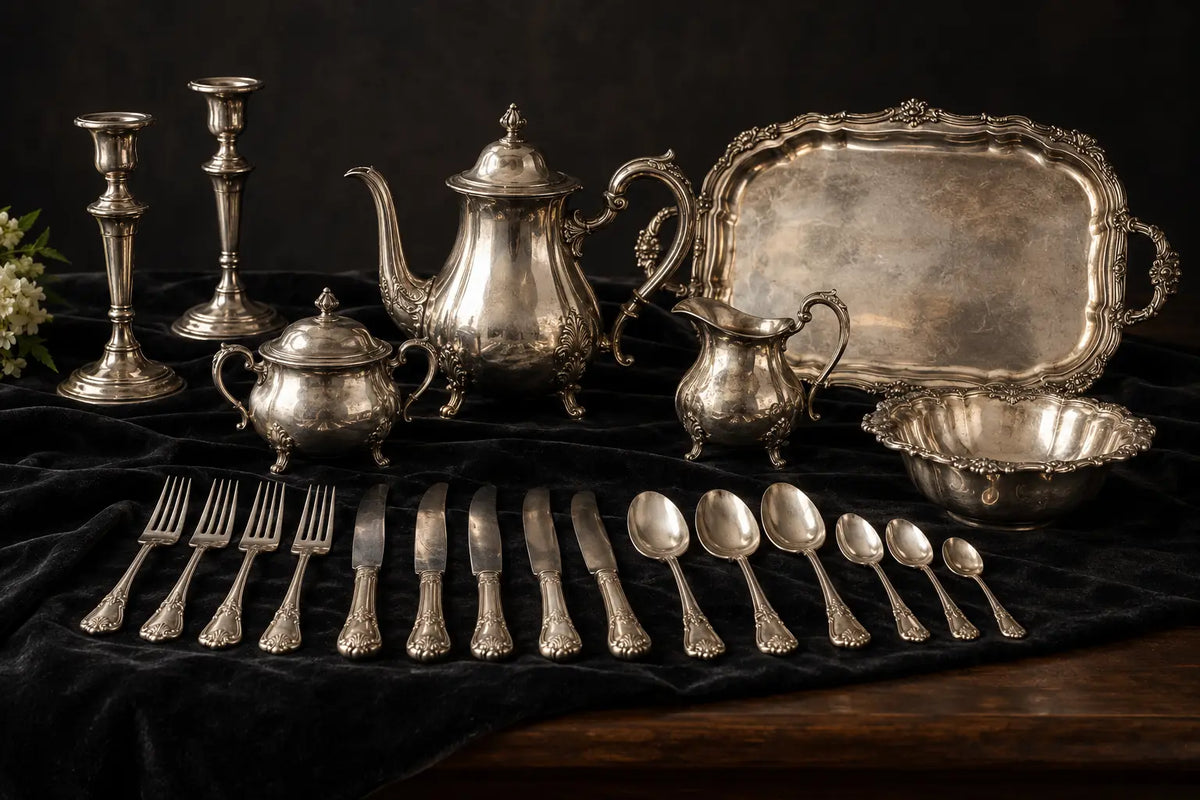 Sterling silver flatware, serving pieces and household silver displayed together