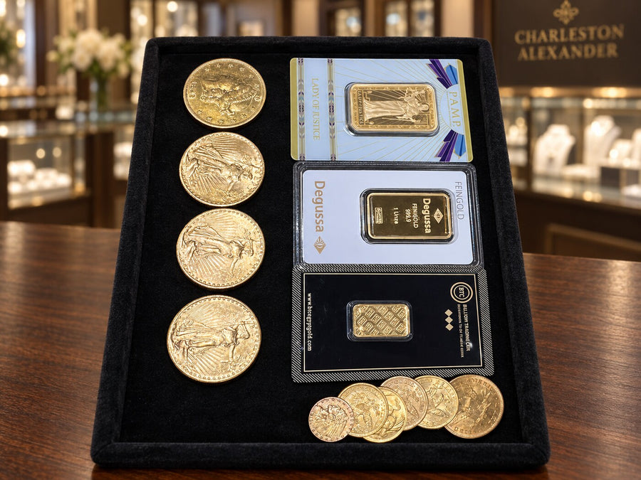 Recently purchased gold coins and packaged gold bars on a black velvet tray
