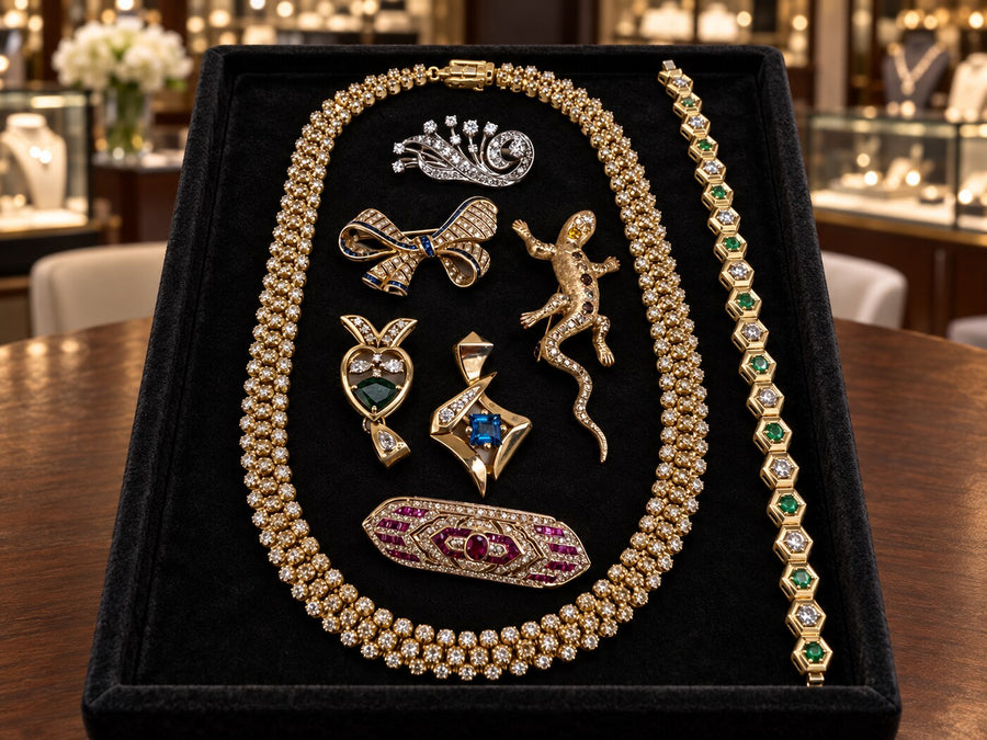 Recently purchased assortment of estate jewelry on a black velvet tray