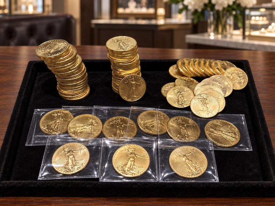 Large recently purchased group of gold coins on a black velvet tray