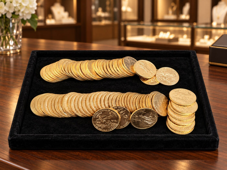 Recently purchased rows and stacks of gold coins on a black velvet tray
