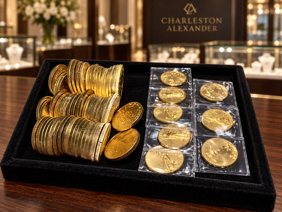Recently purchased gold coins with protective sleeves on a black velvet tray