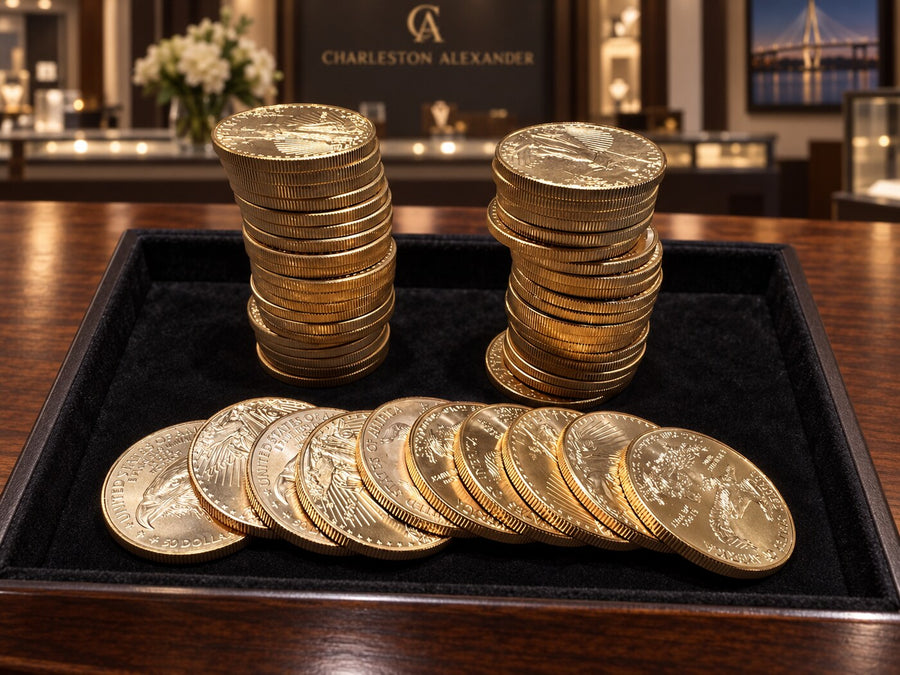 Recently purchased stacked gold coin group on a black velvet tray