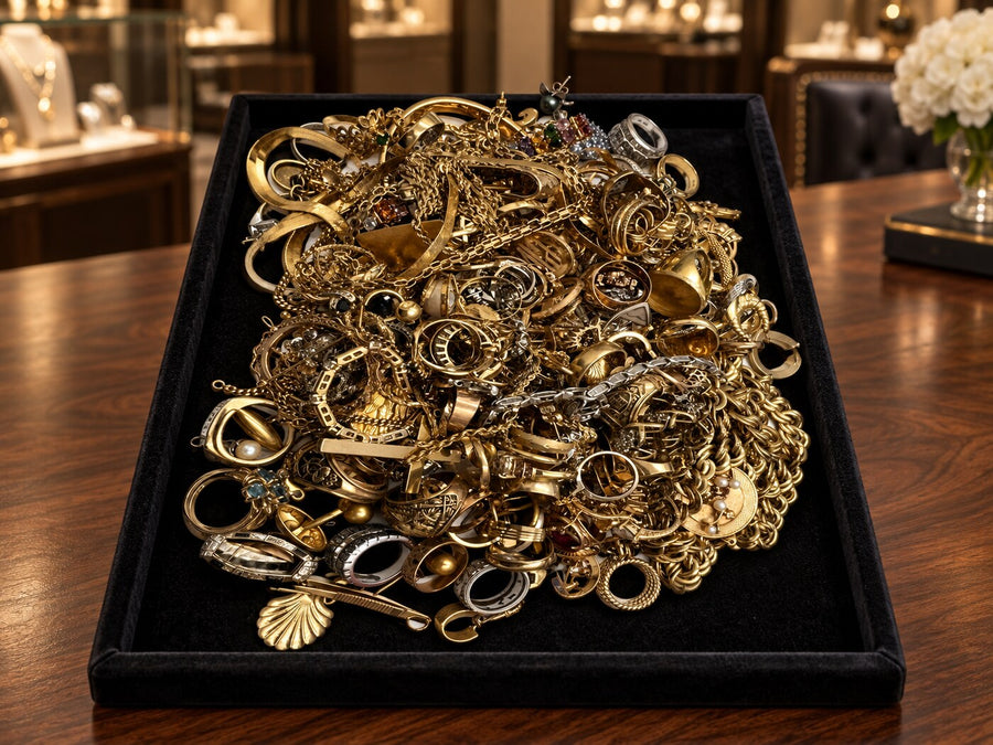 Substantial recently purchased estate jewelry group on a black velvet tray