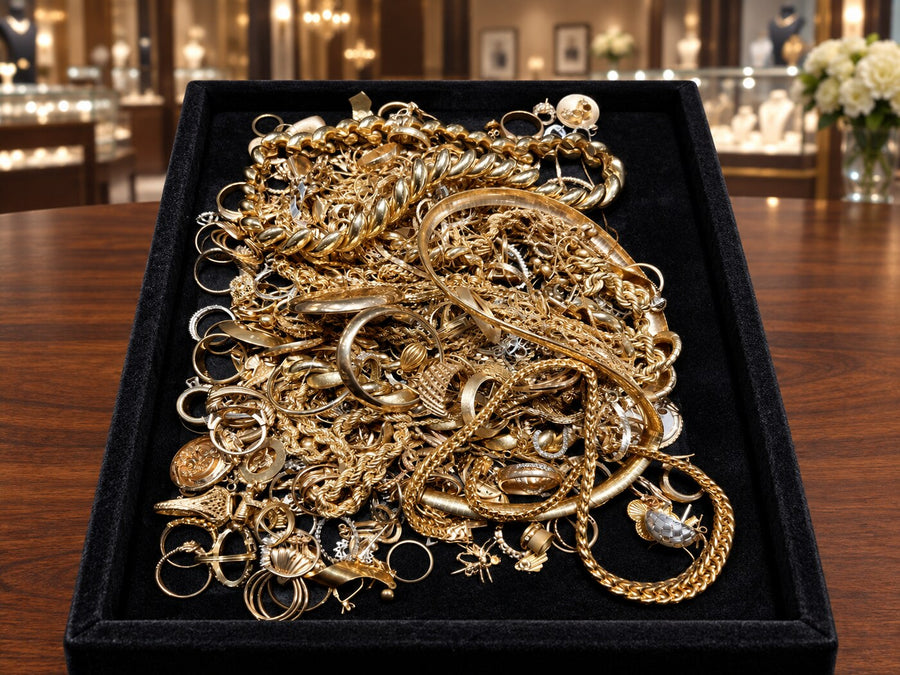 Large recently purchased group of mixed gold jewelry on a black velvet tray