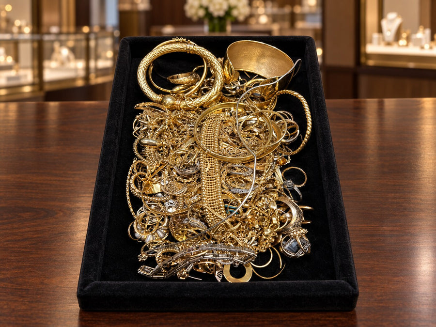 Recently purchased mixed gold jewelry group on a black velvet tray