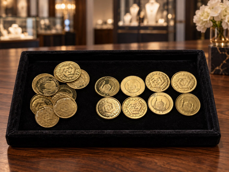 Recently purchased international gold coin group on a black velvet tray