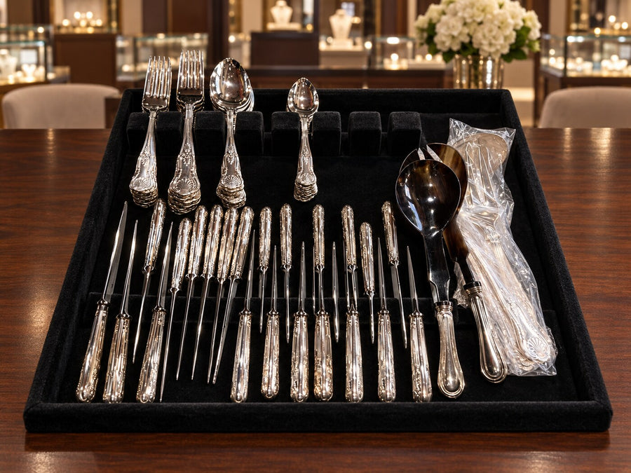 Recently purchased sterling silver flatware service on a black velvet tray
