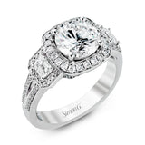 Round-cut Three-Stone Halo Engagement Ring in 18k Gold with Diamonds