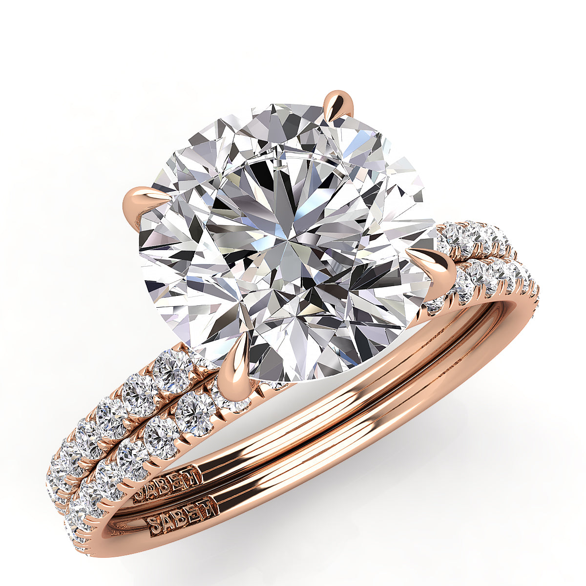 Round Pave Diamond Engagement Ring with Diamond Belt Set