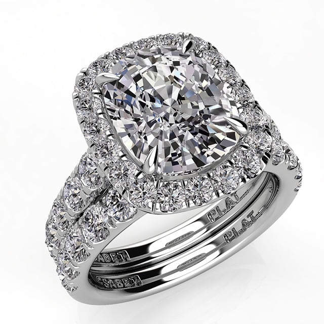 Cushion Diamond Halo Engagement Ring Wedding Band Set 1.78ct