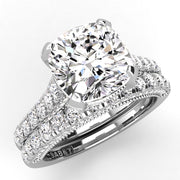 Three Sided Pave Cushion Diamond Engagement Ring Set 1.10ct