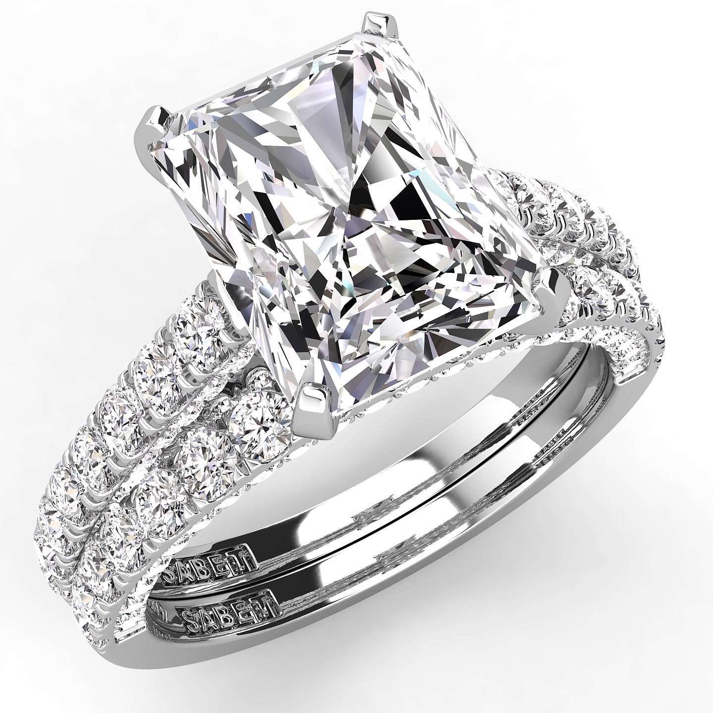 Three Sided Pave Radiant Diamond Engagement Ring Set 1.33ct