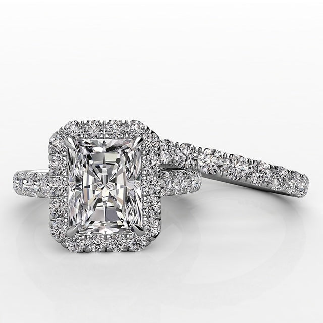 Radiant Diamond Halo Engagement Ring Wedding Band Set 1.74ct