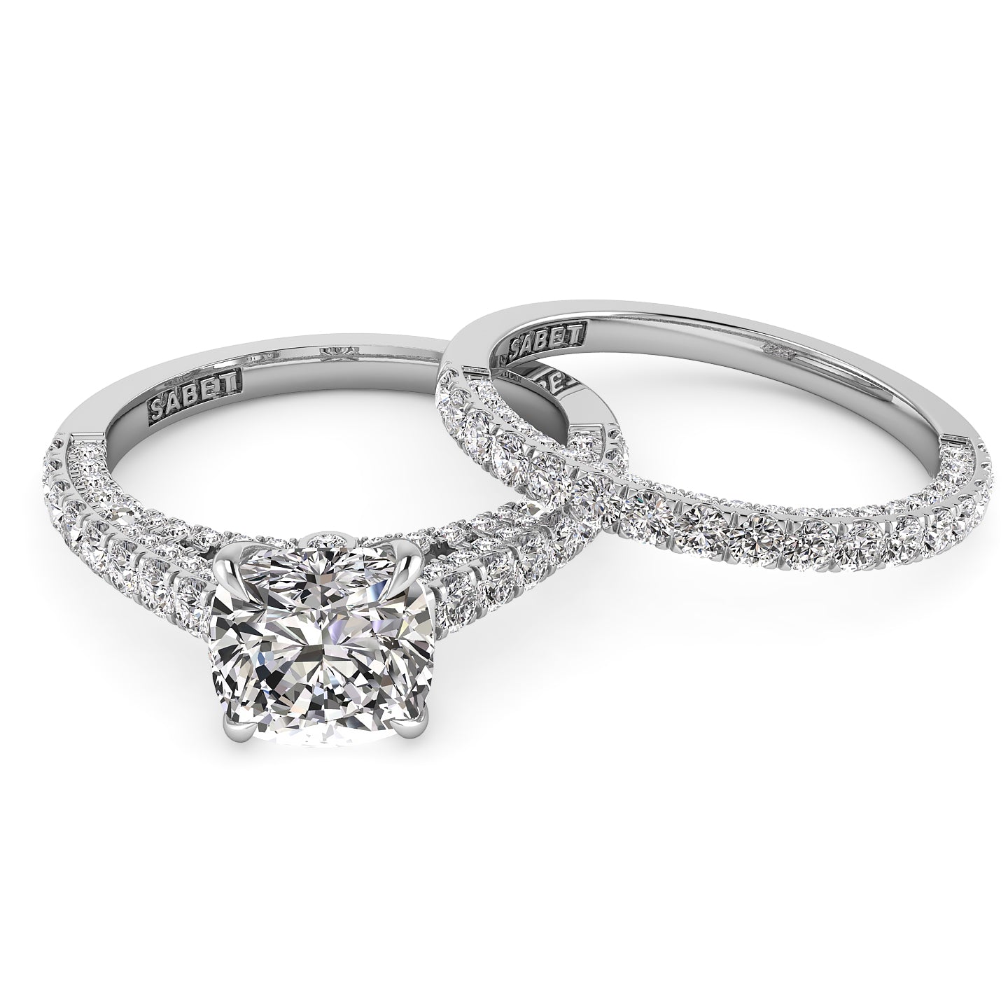 Three Sided Pave Cushion Diamond Engagement Ring Set 1.33ct