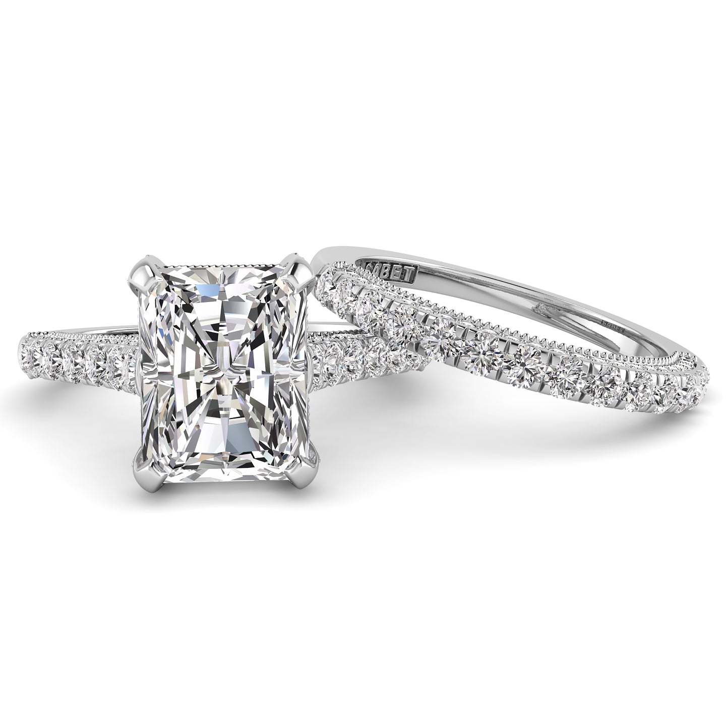 Three Sided Pave Radiant Diamond Engagement Ring Set 1.10ct