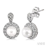 6mm Cultured Pearl and 1/3 Ctw Single Cut Diamond Earrings in 14K White Gold