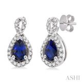 5x3mm Pear Shape Sapphire and 1/6 Ctw Round Cut Diamond Earrings in 14K White Gold