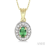 6x4mm Oval Cut Emerald and 1/5 Ctw Round Cut Diamond Pendant in 14K Yellow Gold with Chain