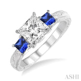 3.3 MM Princess Cut Sapphire and 1/50 Ctw Diamond Semi-Mount Engagement Ring in 14K White Gold