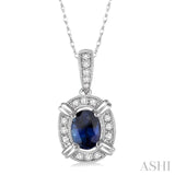 6x4 MM Oval Cut Sapphire and 1/10 Ctw Single Cut Diamond Pendant in 10K White Gold with Chain