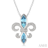 10x5 & 8x4 mm marquise cut Blue Topaz and 1/50 Ctw Single Cut Diamond Fleur De Lis Pendant in Sterling Silver with Chain